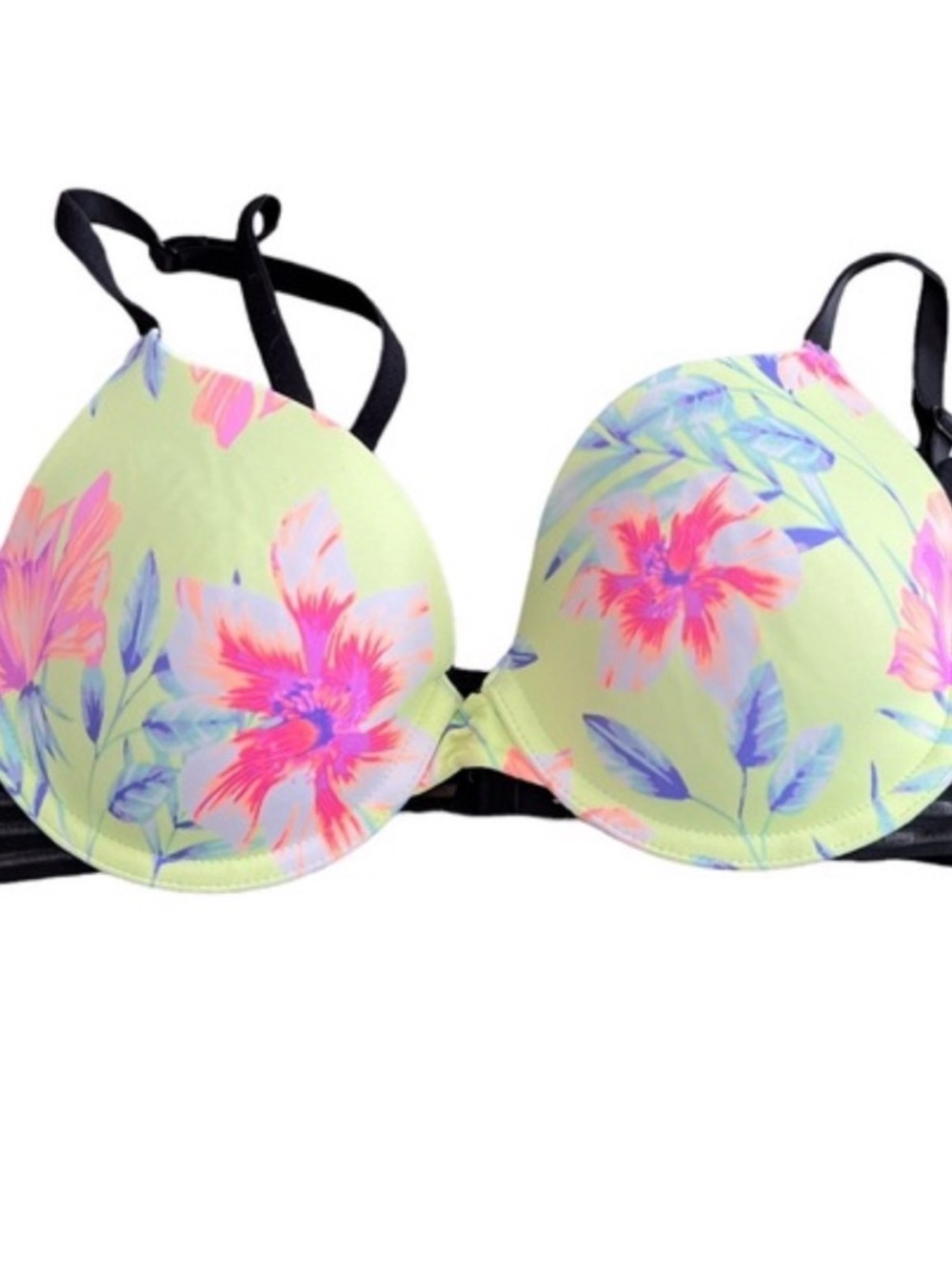 PINK Victoria Secret Floral Neon Push-Up Bra in Pastel Lime and Pink Sz 36C NWT